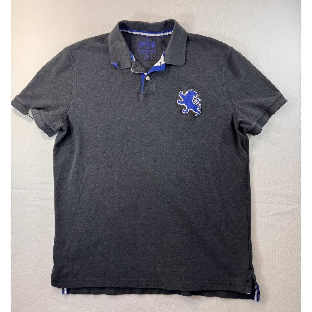 Express Mens Polo XL Gray Short Sleeve Modern Fit Blue Lion Embroidered Preppy